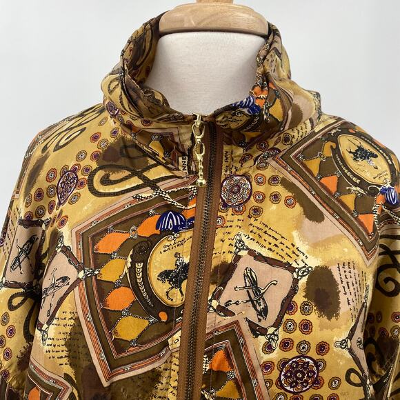 Vintage Equestrian Print Bomber Jacket Brown Tan Gold EUC Size L 100% Silk - Picture 2 of 12